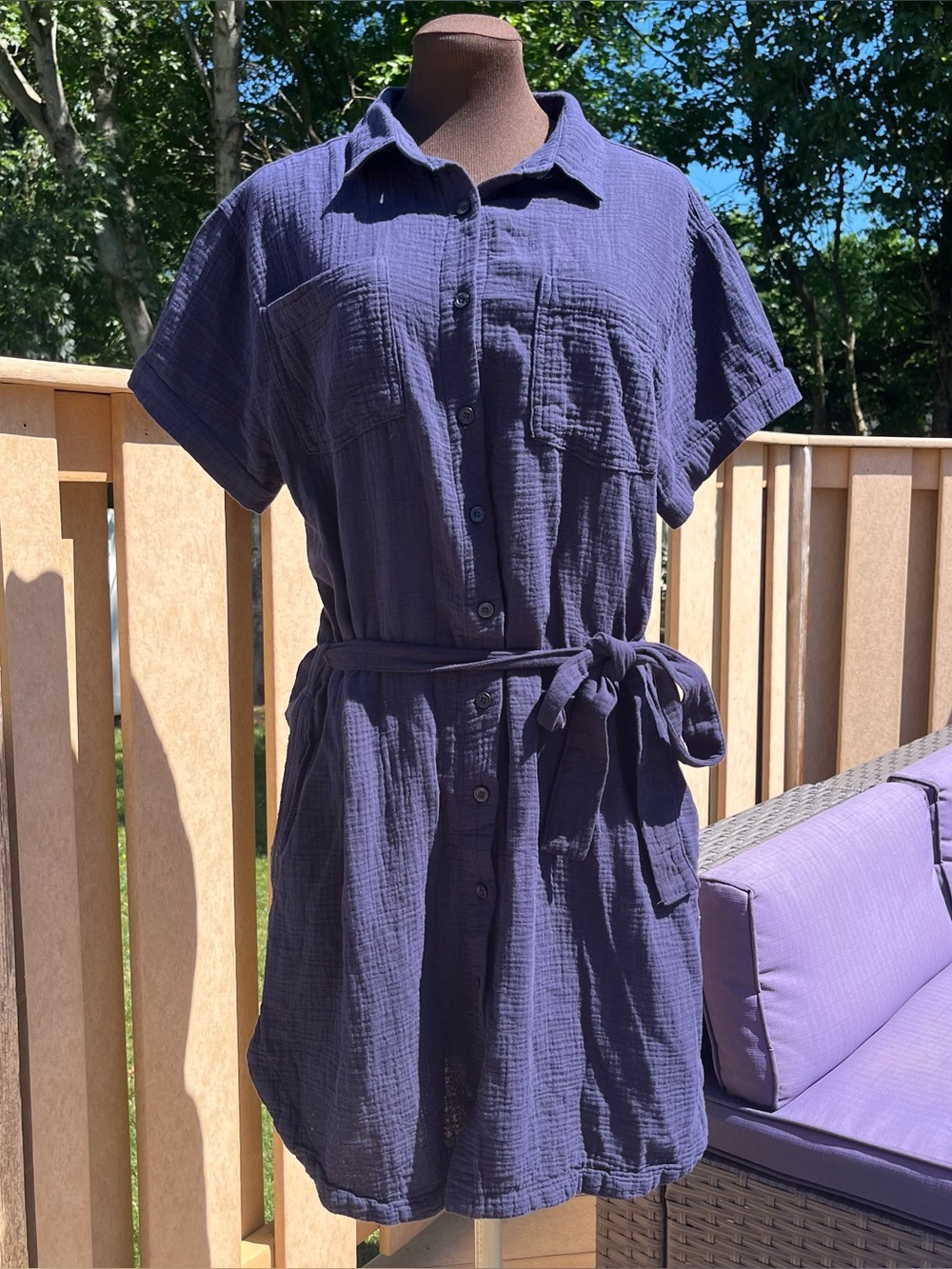 Weatherproof Vintage 100% Cotton Gauze Navy Short Sleeve Belted Shirt Dress Sz M